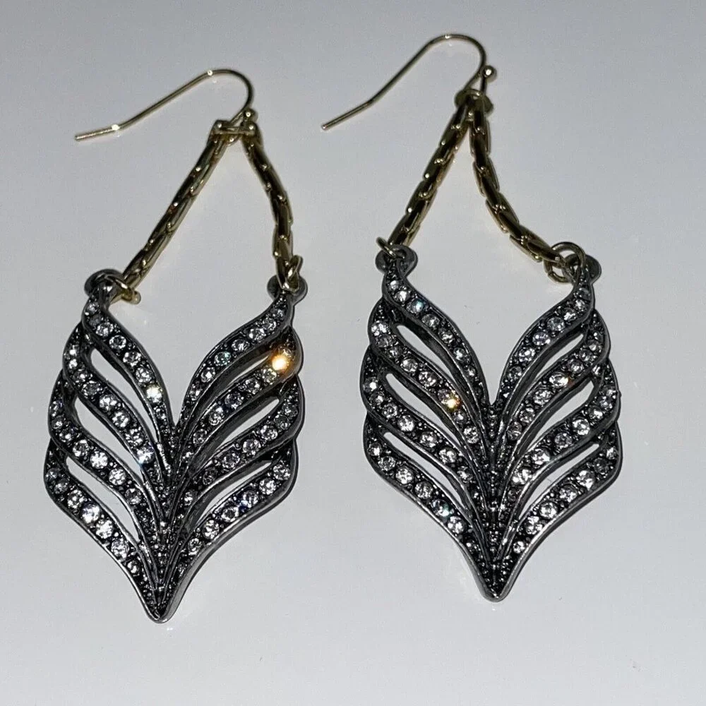 Feather Earrings Silver & Gold Tone Crystal Long Drop Statement Signed ls A246‎